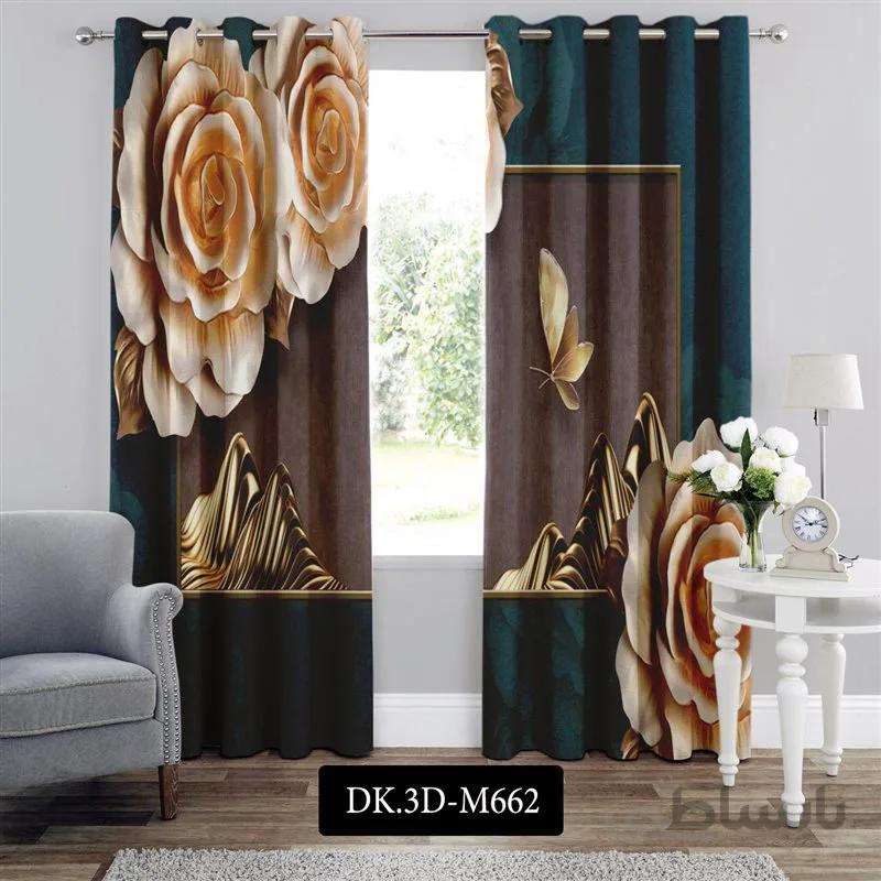 پرده پانچی (هازان و مخمل)کد DK.3D.M662 طرح سه بعدی گل و پروانه