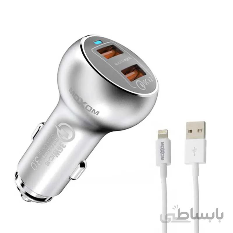 شارژر فندکی موکسوم مدل Moxom KC-13 36W دو پورت به همراه کابل لایتنینگ