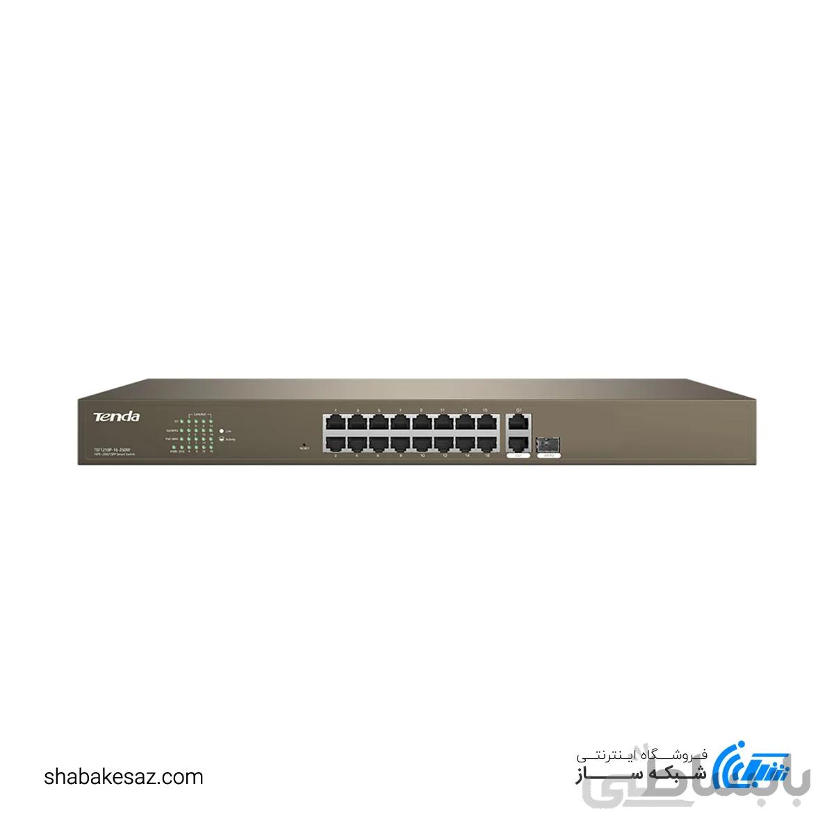 سوئیچ تندا 16 پورت 10/100Mbps POE 250W با 2 پورت 10/100/1000Mbps مدل TEF1218P