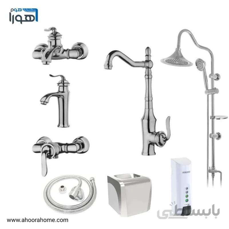 ست شیرآلات مدل بامبو کروم + علم دوش شیپوری + شلنگ توالت + جامایع + جادستمال