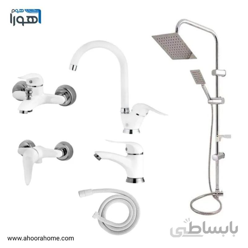 ست شیرآلات مدل راهو نیو سفید کروم + علم دوش یونیورست +شلنگ توالت