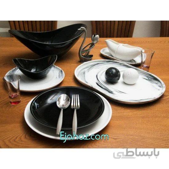 سرویس غذاخوری 31 پارچه چینی سرامیک رنگی مرمریت مشکی اوست