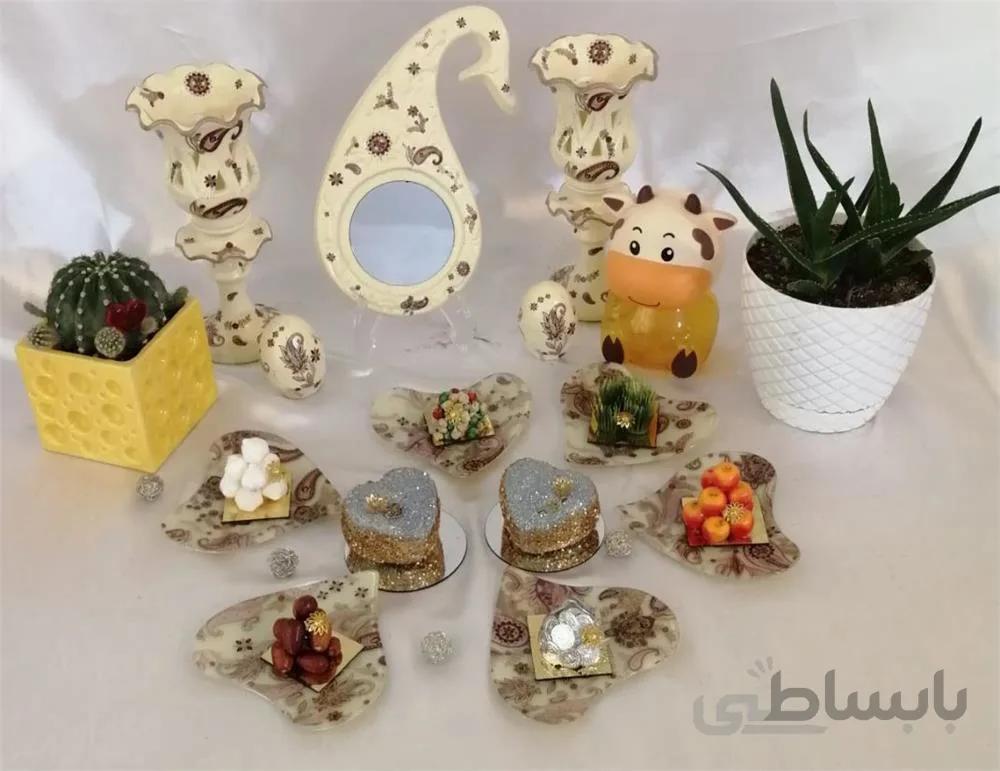 ست کامل هفت سین (قاب آینه،جفت شمعدان و 6 عدد ظرف ) ا Complete set of seven trays (mirror frame, pair of candlesticks and 6 dishes)