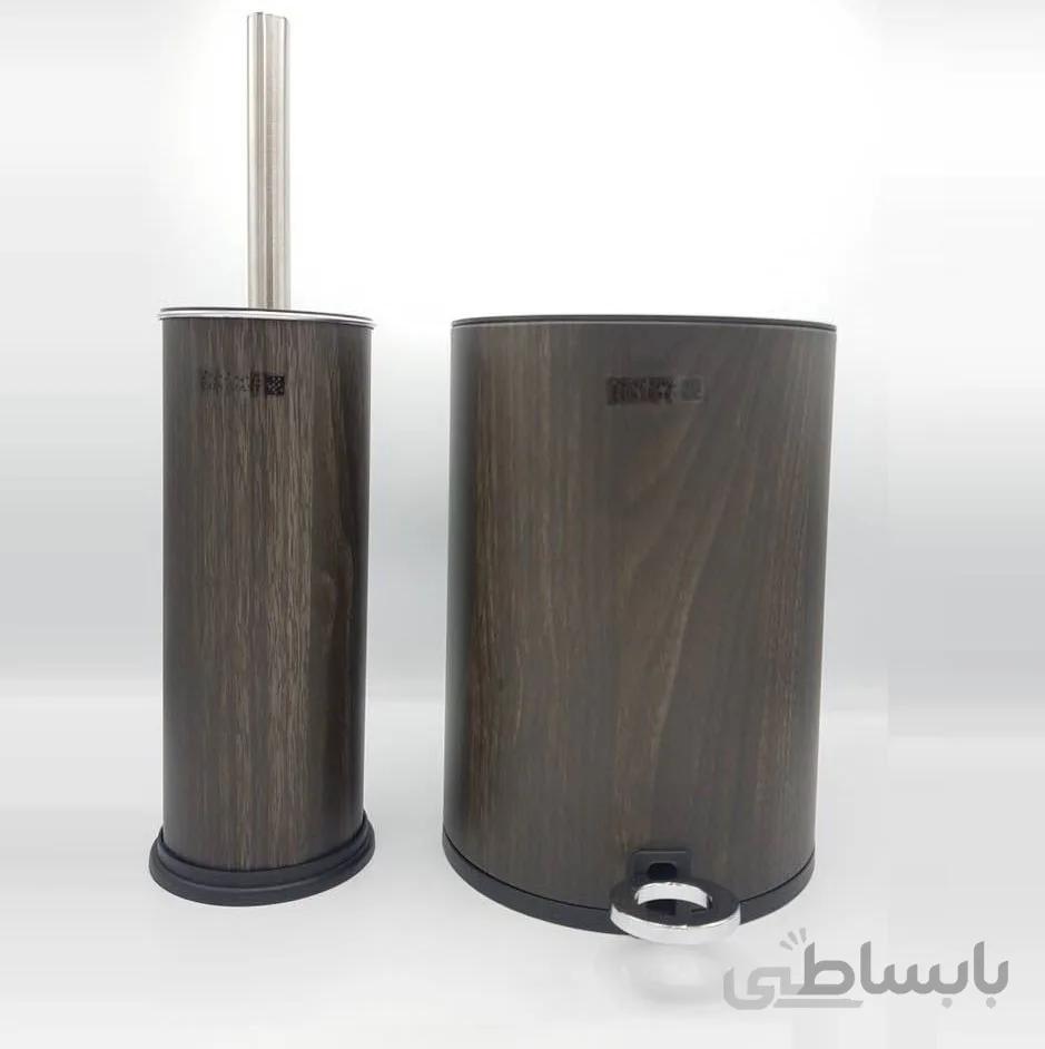 ست سطل زباله و فرچه دستشویی کنتراست مدل 6841 طرح چوب