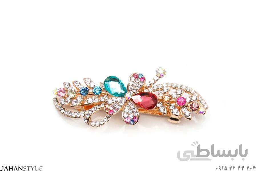 گیره پشت مو نگین دار مدل گل رنگارنگ