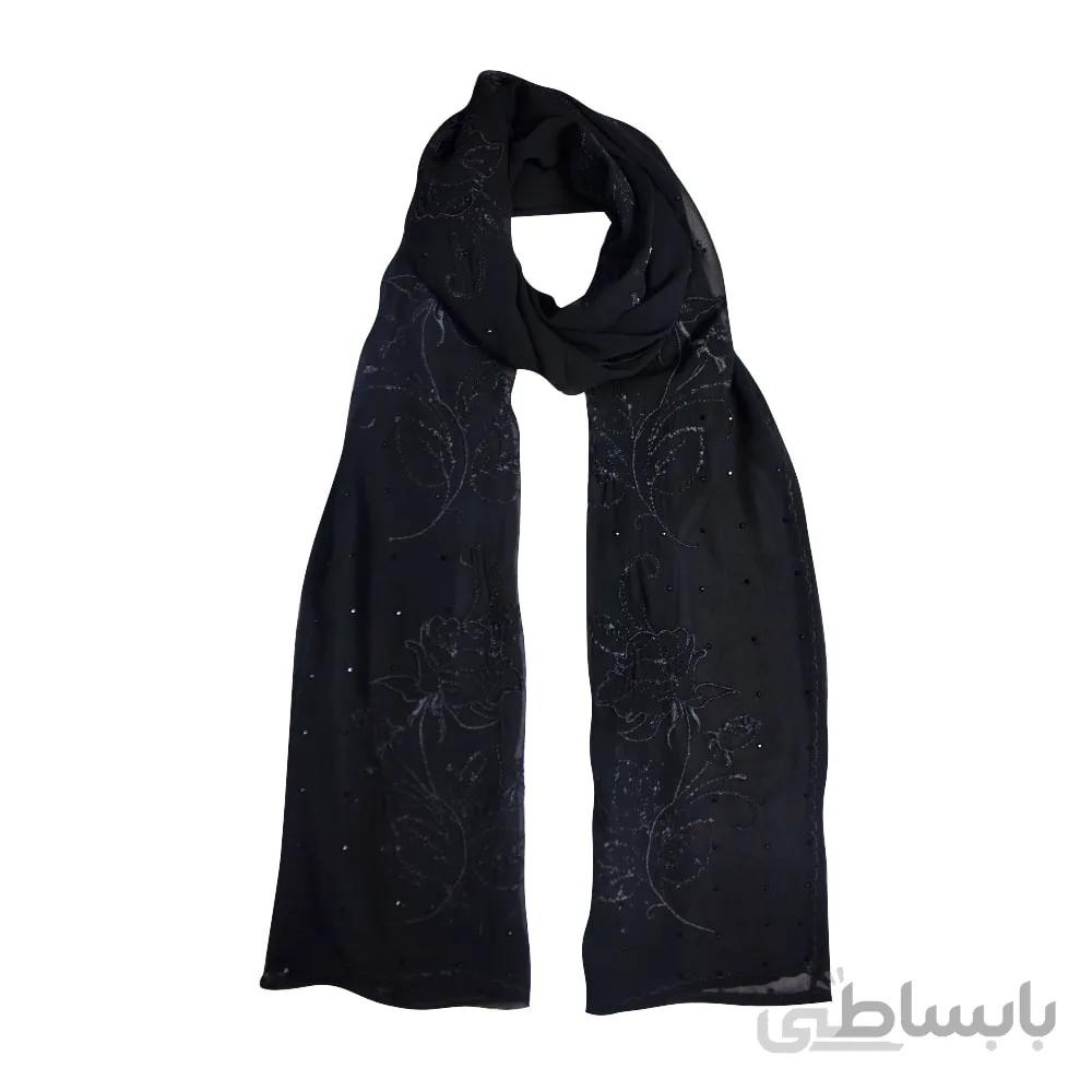 شال حریر مشکی طرح گل رُز مشکی