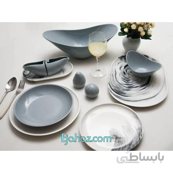 سرویس غذاخوری 31 پارچه چینی سرامیک رنگی مرمریت طوسی اوست