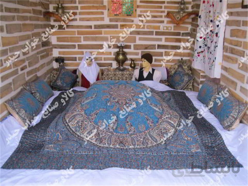 لحاف کرسی پدیده فیروزه ای- حیدر خواب- پشم مرینوس- ترمه ابریشم زربافت- دست دوز - به همراه کاور ضد آب رایگان- 12 نفره ا Turquoise Padide seat quilt - Heydarkhab - Marinus Wool - Brocade Silk Cashmere - handmade - with free waterproof cover - for 12 people