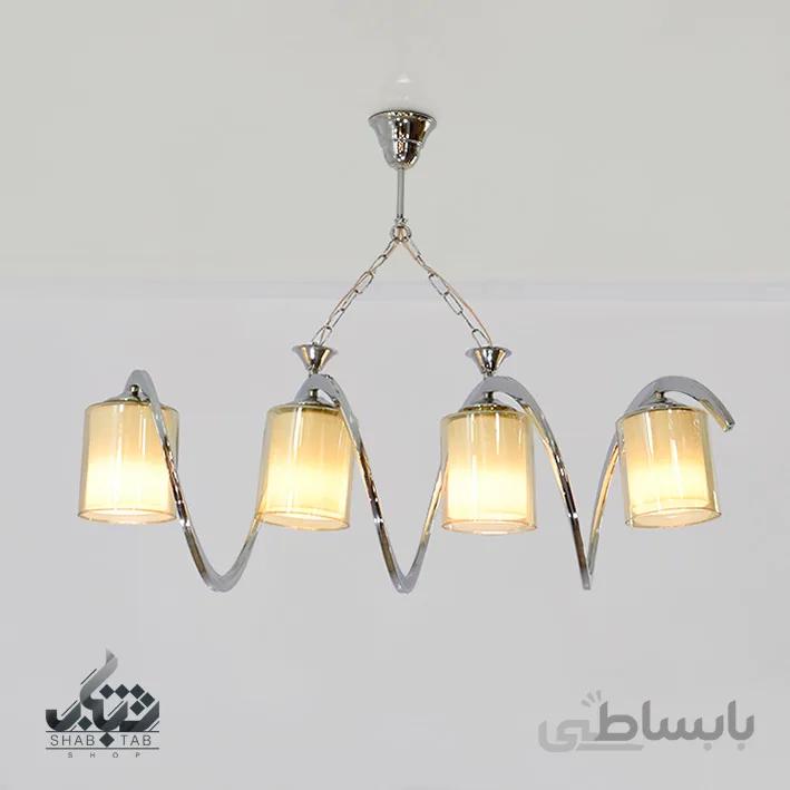 لوستر آویز چهار شعله شب تاب فنری کروم با حباب