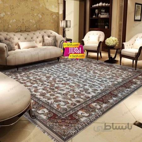 فرش ماشینی نگین مشهد طرح 1014 کرم حاشیه مسی گل برجسته