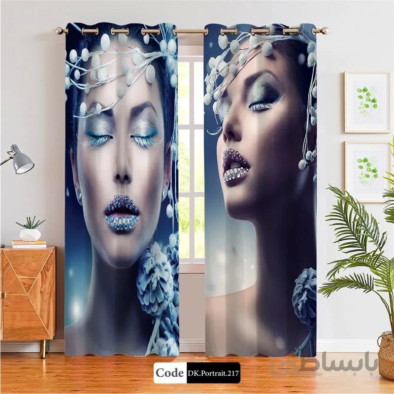 پرده پانچی (هازان و مخمل) کد DK.Portrait.217 طرح چهره زن برفی و کاج