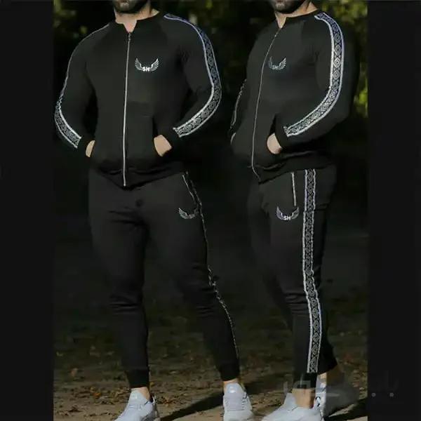 ست مردانه کد 103 سویشرت و شلوار طرح نوار هندی رنگ مشکی ا Men's sports sweatshirt and pants set, white Indian stripe design, black