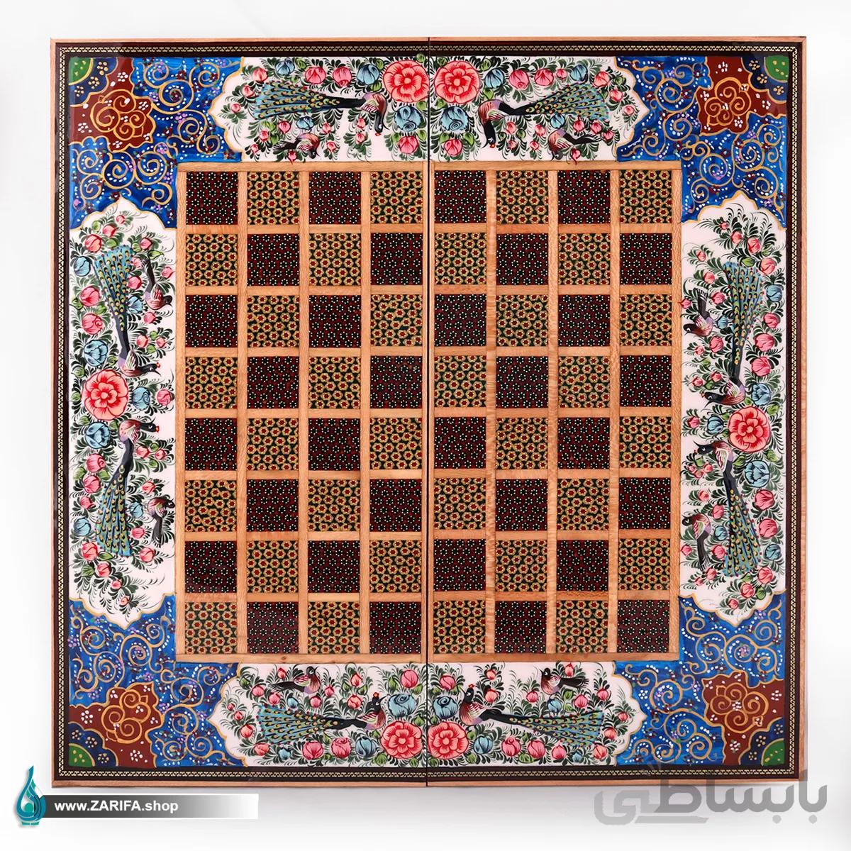 تخته نرد خاتم و چوب راش با نقاشی گل و مرغ ۵۰*۵۰