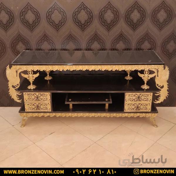 میز تلویزیون برنزی چهار کشو صفحه هایگلاس مشکی