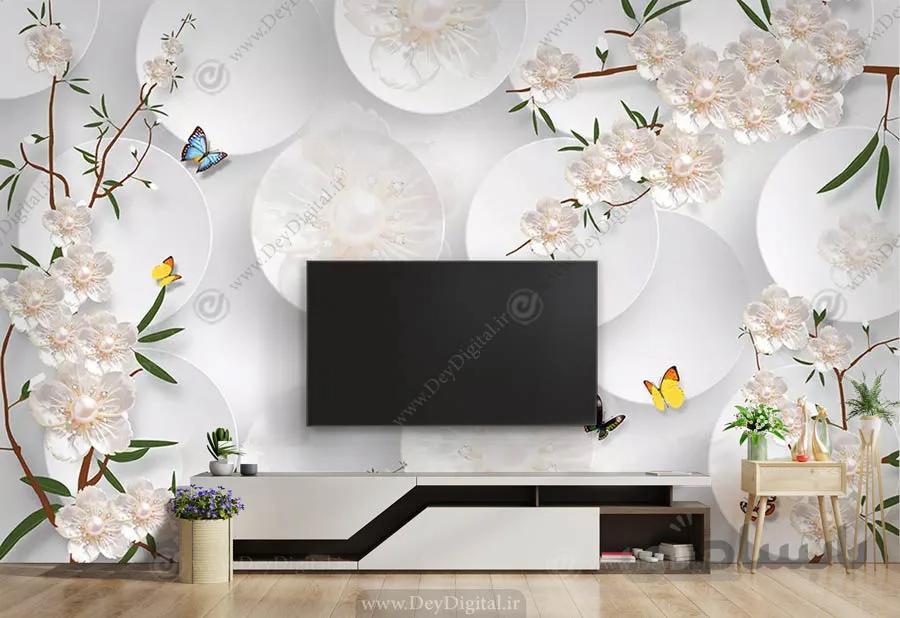 کاغذ دیواری برای پشت تلویزیون طرح سه بعدی گل DL-10298