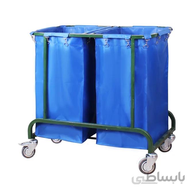 ترالی برزنتی دوقلو 750 ا ترولی برزنتی دار دوقلو مناسب جهت جمع‌آوری ملحفه و لباس کثیف.بدنه مقاوم فلزی با رنگ کوره ای، برزنت رنگی جهت تفکیک بهتر، 4 عدد چرخ روان ( دو عدد ترمز دار)، برزنت با قابلیت جدا شدن، نصب آسان بین های برزنتی.