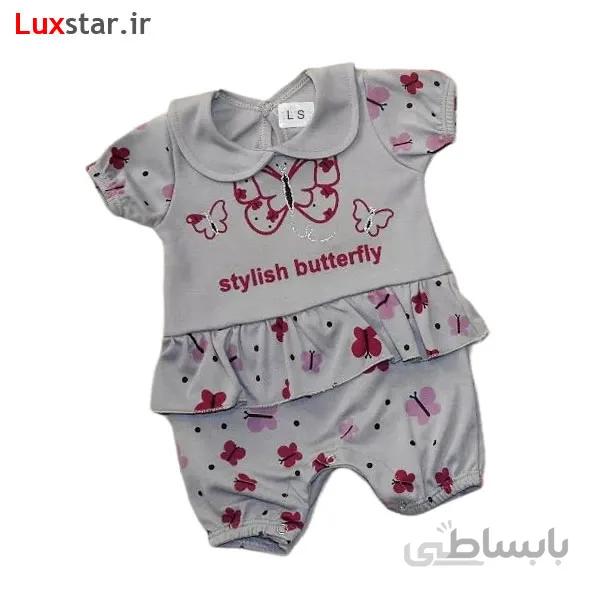 رامپر نوزادی چین دار طوسی طرح پروانه ا Baby Cloth 1638