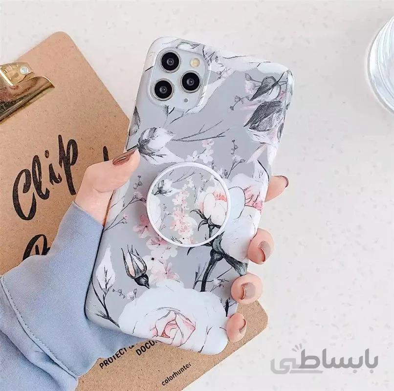 قاب ایفون اپل گل ابرنگی طوسی + پاپ سوکت رایگان