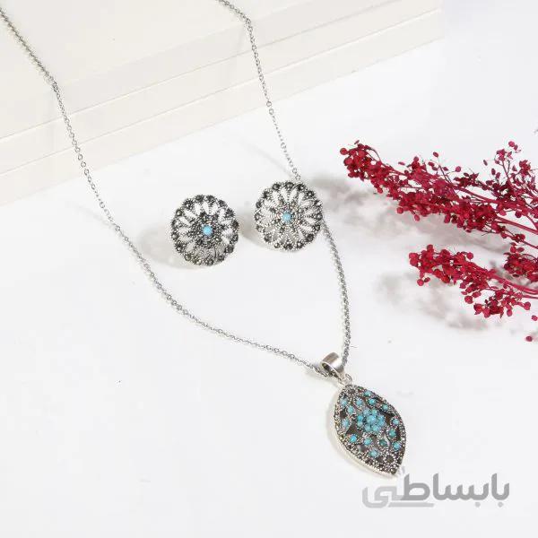 نیمست نقره زنانه طرح برگ و سنگ آبی