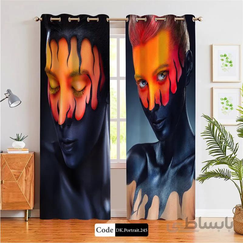 پرده پانچی (هازان و مخمل) کد DK.Portrait.245 طرح چهره زن آتشی