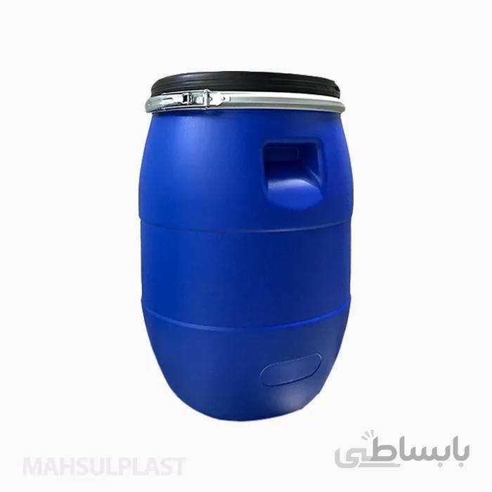بشکه ۱۲۰ لیتری صنعتی دهانه‌گشاد تسمه فلزی