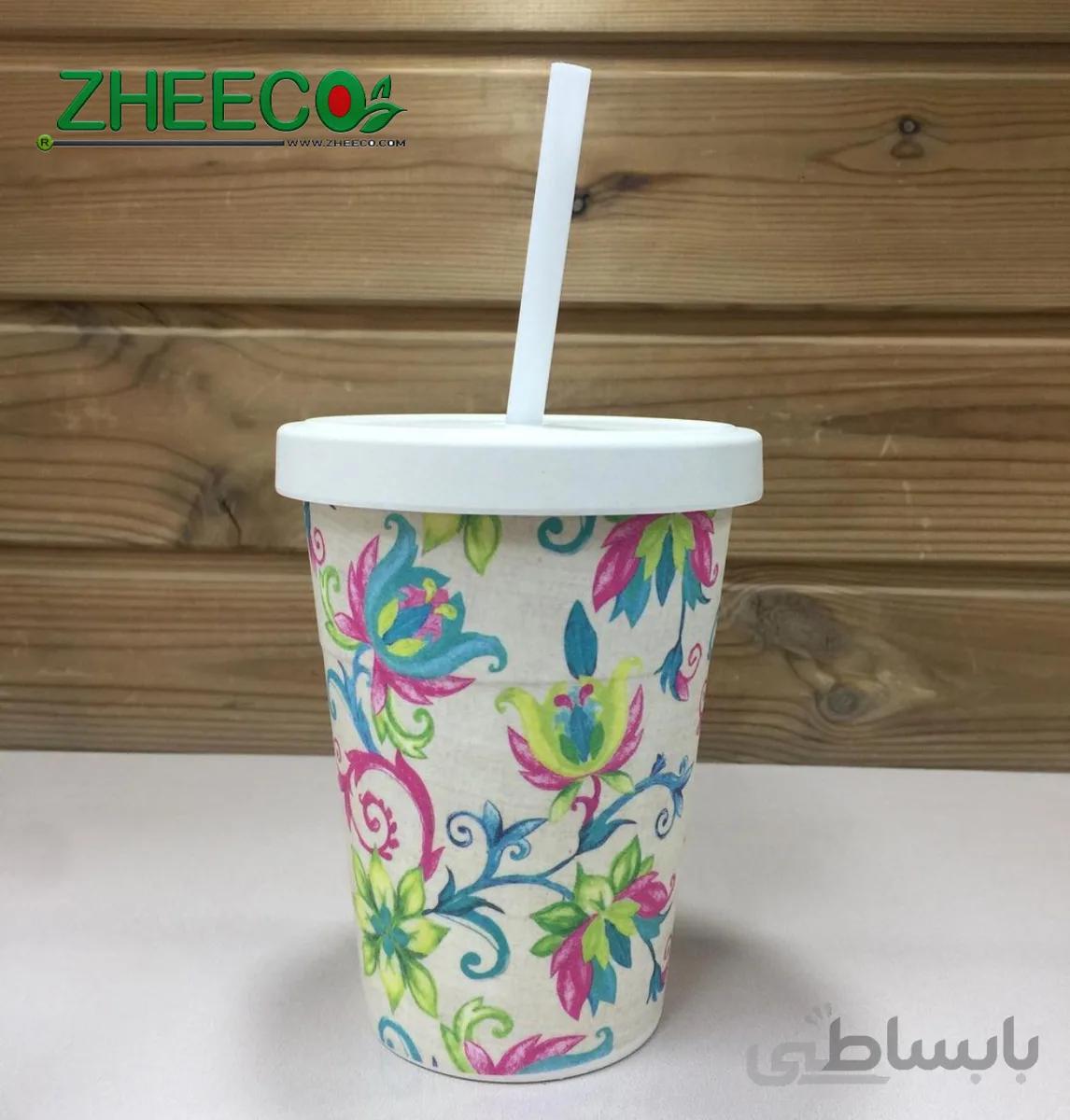 لیوان ماگ نی دار بامبو طرح گل