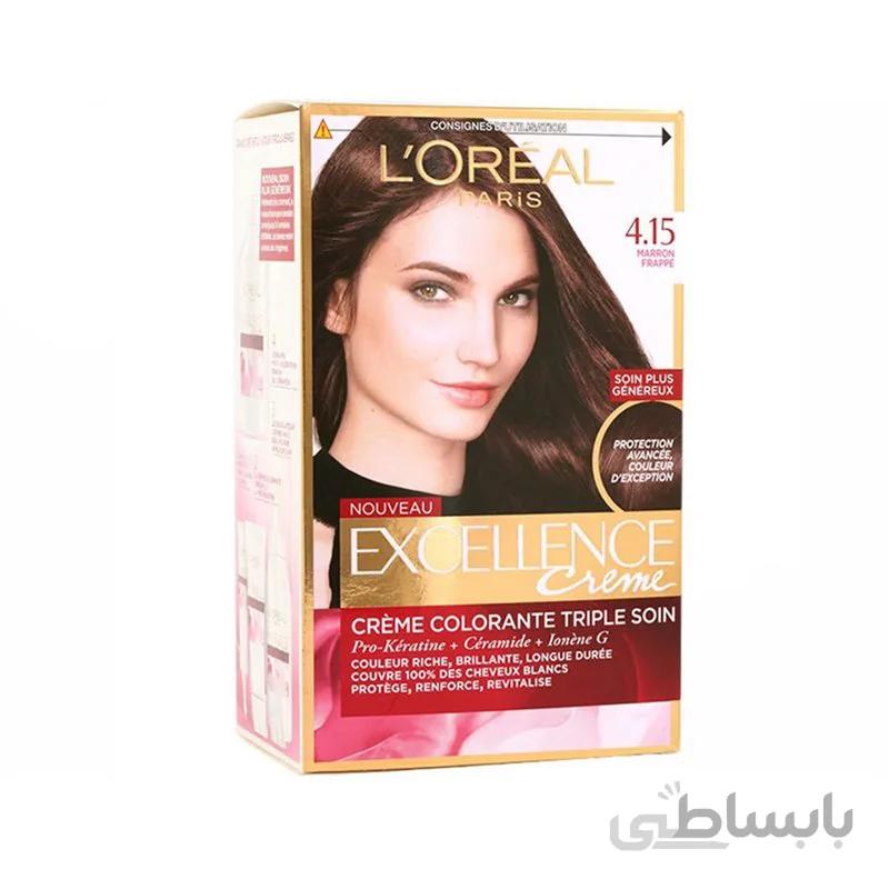 کیت رنگ مو اکسلنس لورآل شماره 4.15 قهوه ای با انعکاس دودی ماهگونی 48 میلی لیتر ا L'OREAL Paris Excellence