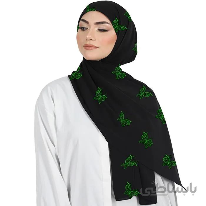 شال حریر مشکی گلدوزی پروانه سبز