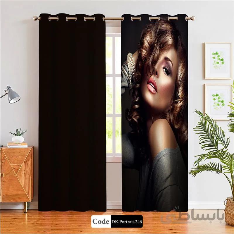 پرده پانچی (هازان و مخمل) کد DK.Portrait.246 طرح چهره زن با دست بند مروارید