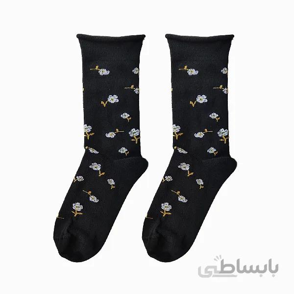 جوراب ساقدار زنانه نخی با طرح شکوفه سفید کد PH634