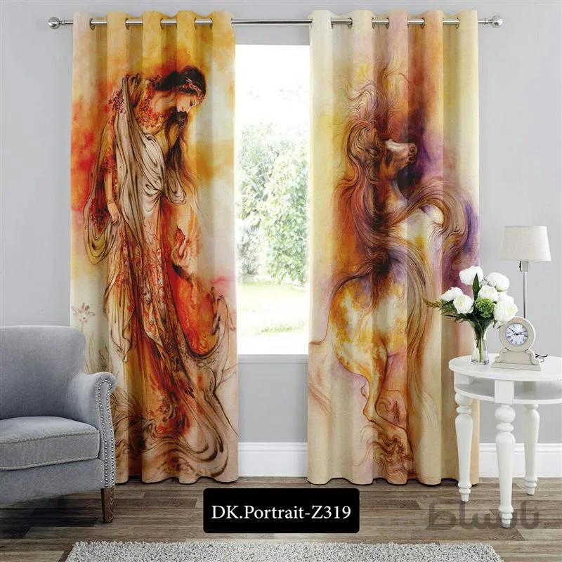 پرده پانچی (هازان و مخمل) کد DK.Portrait.Z319 طرح چهره بانو و اسب