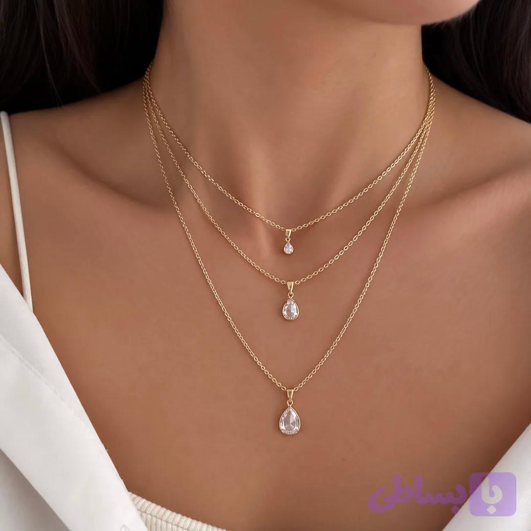 گردنبند سه لاین آویز نگین
