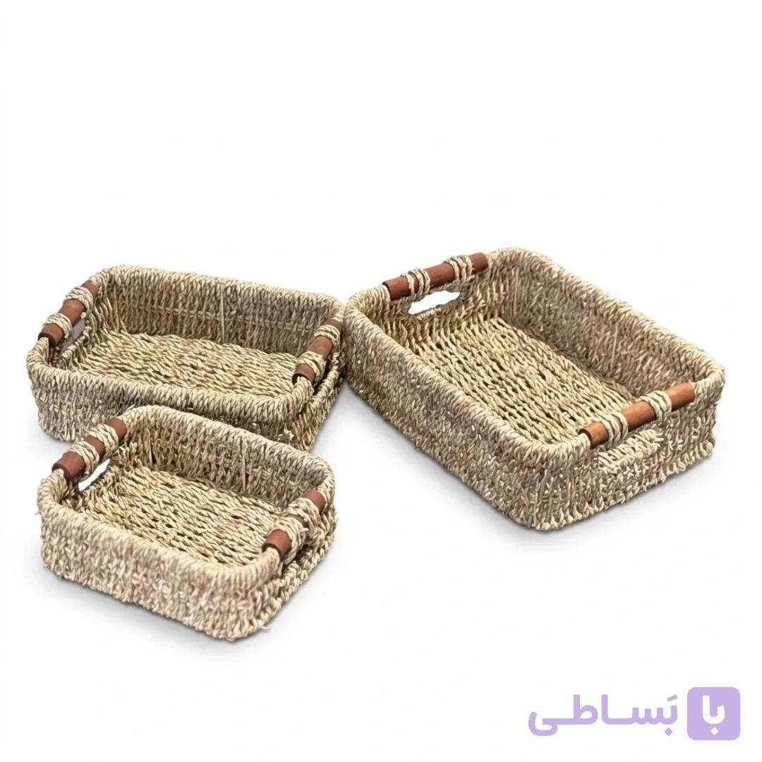 سبد مربع 3تیکه حصیر بافت دسته چوبی — تصویر 1