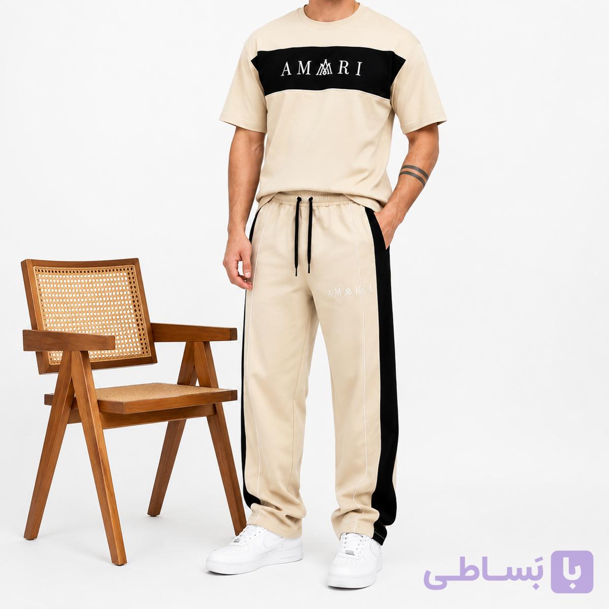 ست تیشرت شلوار مردانه کرمی مدل امیری جنس نخ پنبه