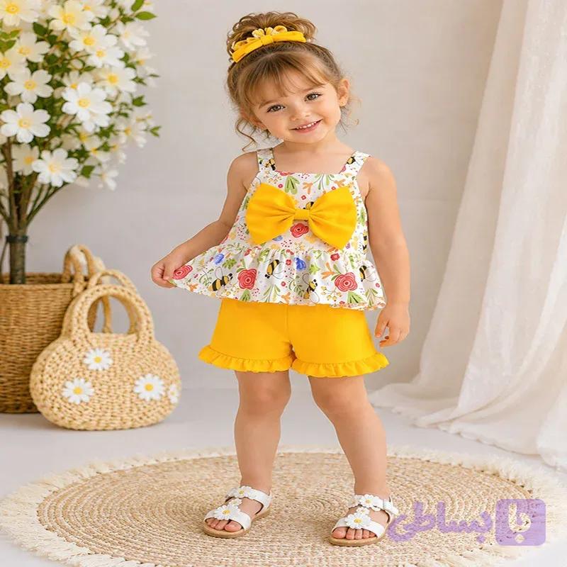 ست تاپ و شلوارک دخترانه زنبوری | مناسب ۶ ماه تا ۷ سال — تصویر 1