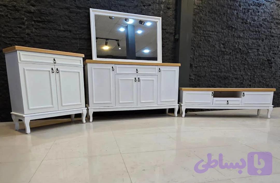 آینه کنسول و میز تی وی رنگی مدل ویکتور – MDF با روکش چوب بلوط و راش طبیعی و رنگ پلی‌استر