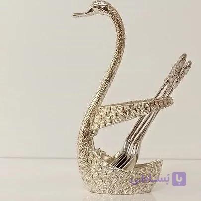 جا قاشقی نقره ای رنگ طرح قو همراه 6 قاشق چایخوری — تصویر 1