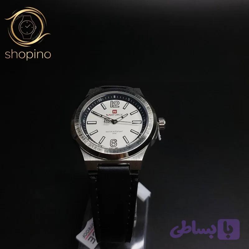 ساعت مچی مردانه Naviforce مدل NF9233 | بند چرمی مشکی، صفحه سفید، قاب نقره ای