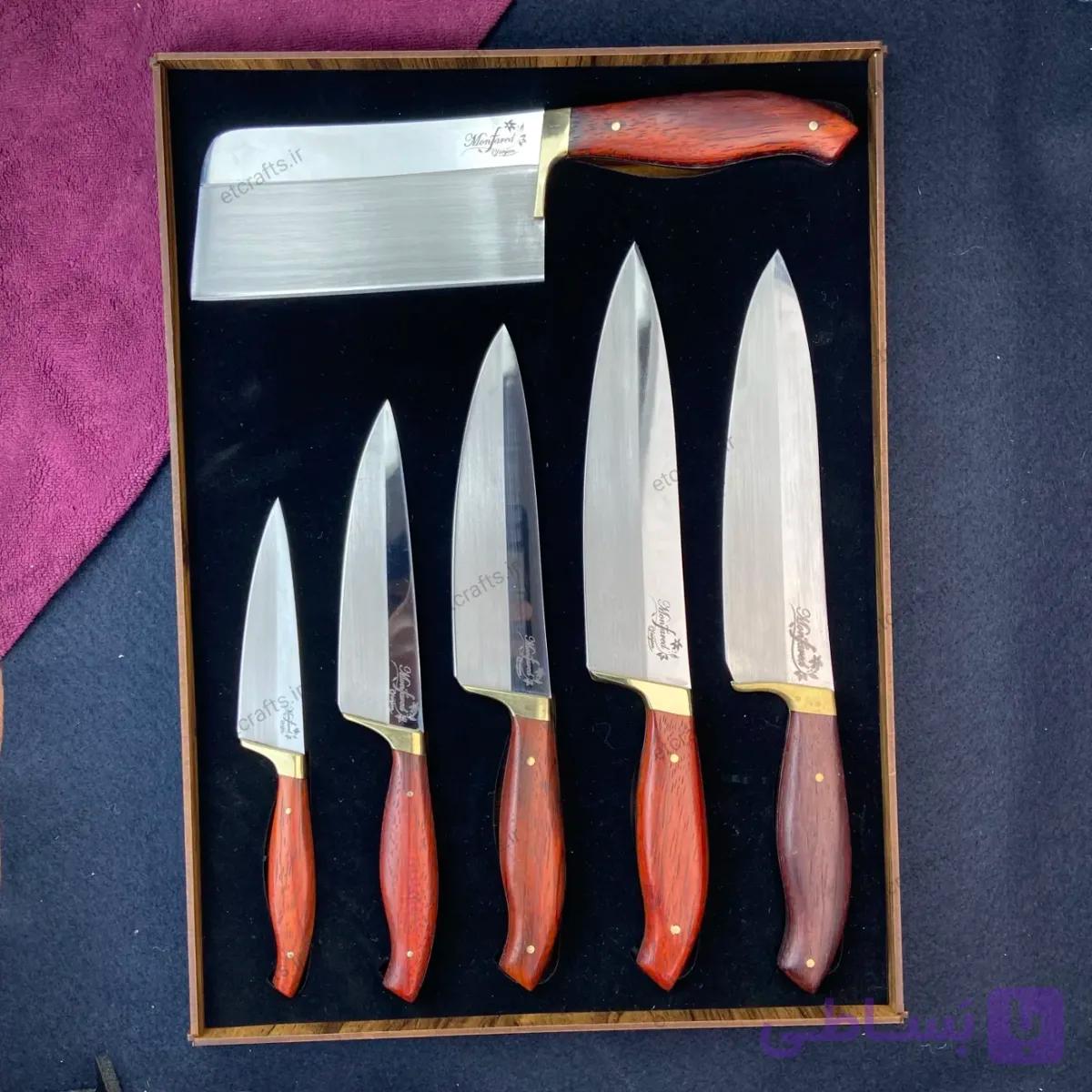 جعبه کادویی چاقو آشپزخانه چوبی 6 تایی از جنس MDF طرح‌دار و دارای حکاکی زنجان — تصویر 1