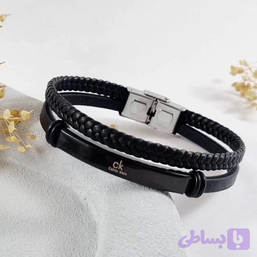 دستبند چرمی مردانه دولاین با پلاک استیل3 طرح CK و LV و Rolex | دلسامه — تصویر 1