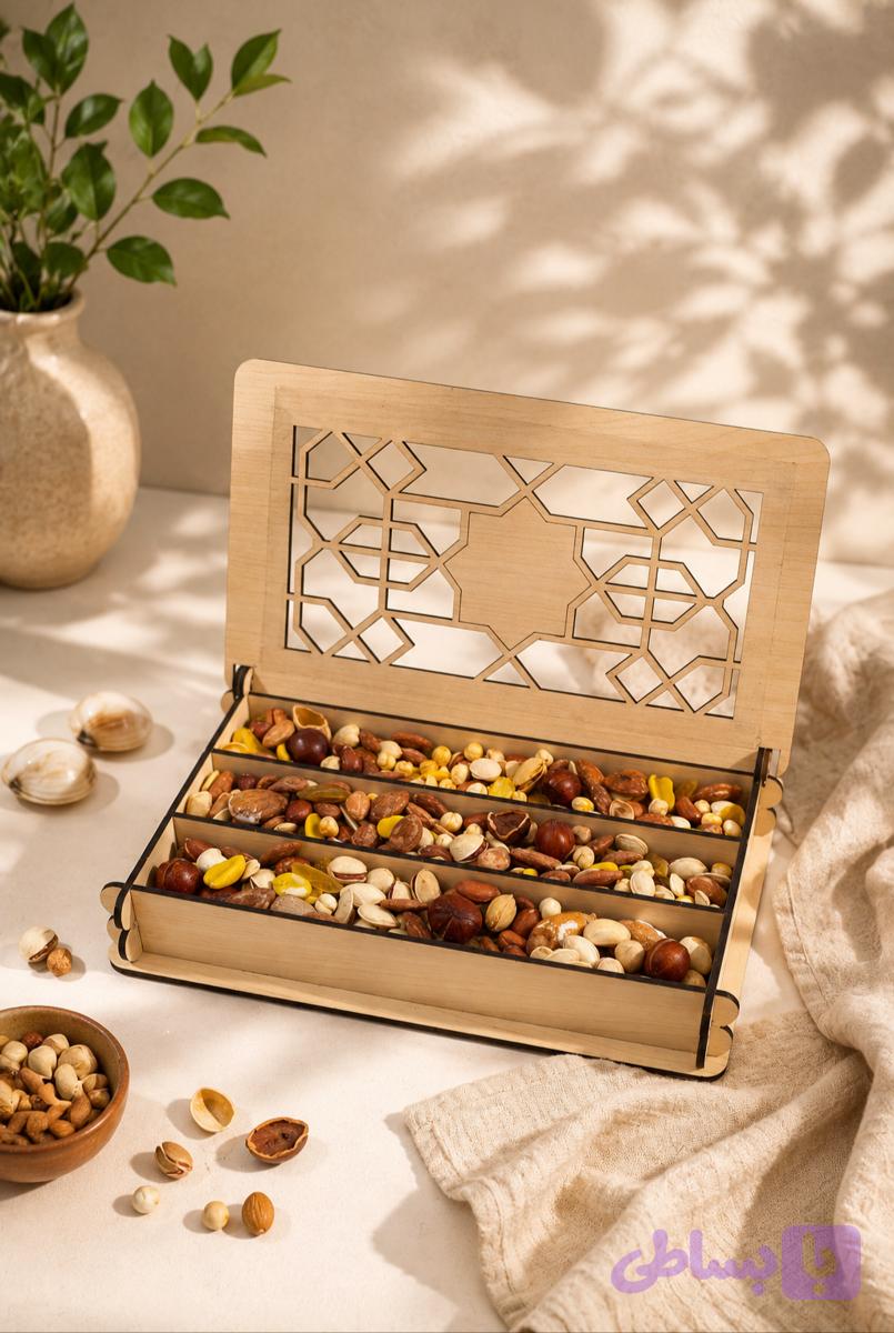 باکس چوبی گیفتانه پذیرایی آجیل و خشکبار طرح ستاره۳خونه( افرا)