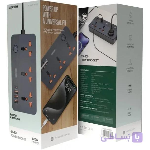 چند راهی هوشمند و شارژر گرین لاین Green Lion GS-200 Power Socket 2500W