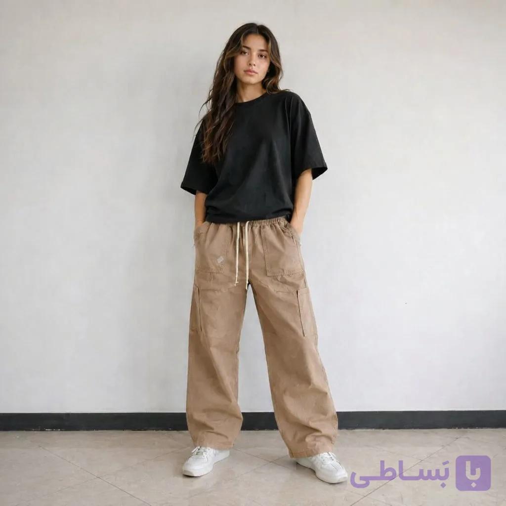 شلوار نیم‌بگ کتان کجراه شمعی بچگانه مدل کارگو مناسب دختر و پسر ۸ تا ۱۲ سال — تصویر 1