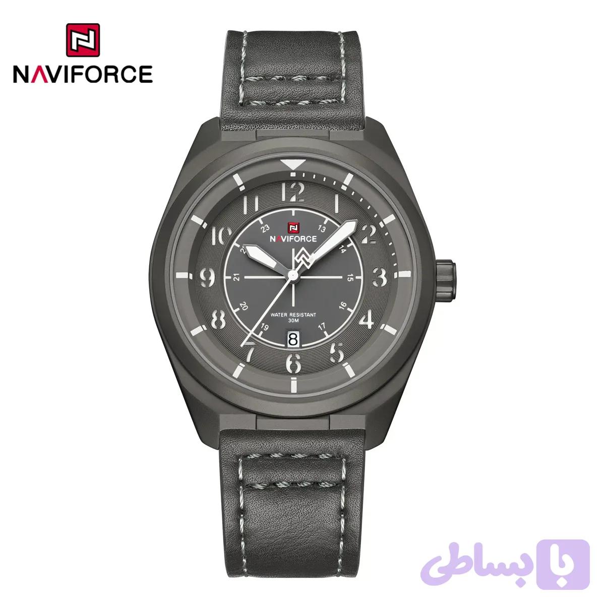 ساعت مچی مردانه Naviforce مدل NF9281 | بند چرم خاکستری، صفحه خاکستری، قاب خاکستری | اسپرت و مقاوم