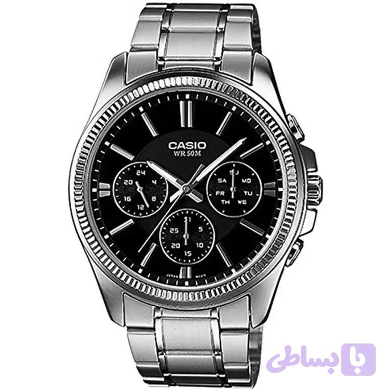 ساعت مچی مردانه Casio مدل MTP-1375D-1AVDF | بند استیل نقره‌ای با صفحه مشکی| سه موتور فعال