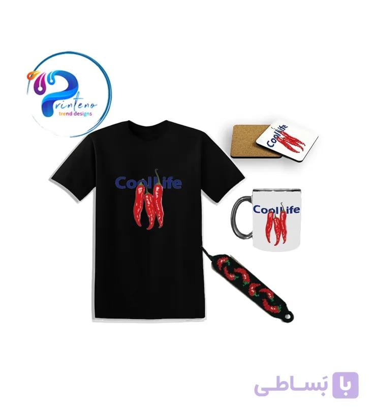 ست هدیه Cool Life | تیشرت فلفل قرمز، ماگ، زیرلیوانی و دستبند بافتنی | پرینتنو