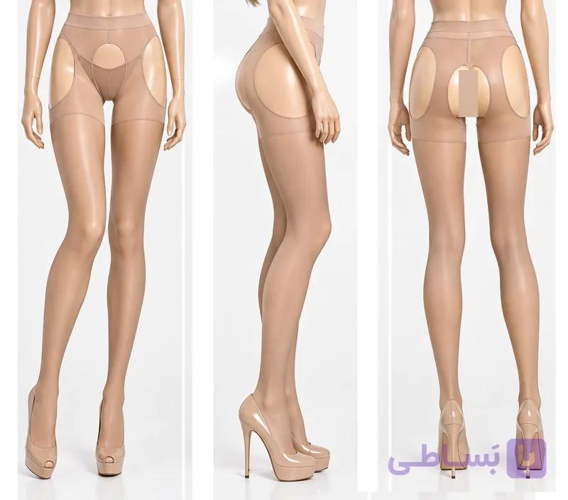 جوراب شلواری شیشه ای بادکنکی فاق باز بغل باز رنگ کرم — تصویر 1