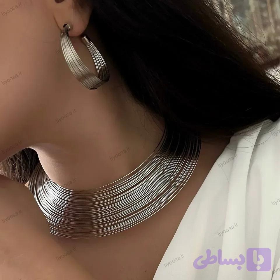 ست کامل طوق دستبند و گوشواره استیل پینترستی نقره ای کد E15 — تصویر 1