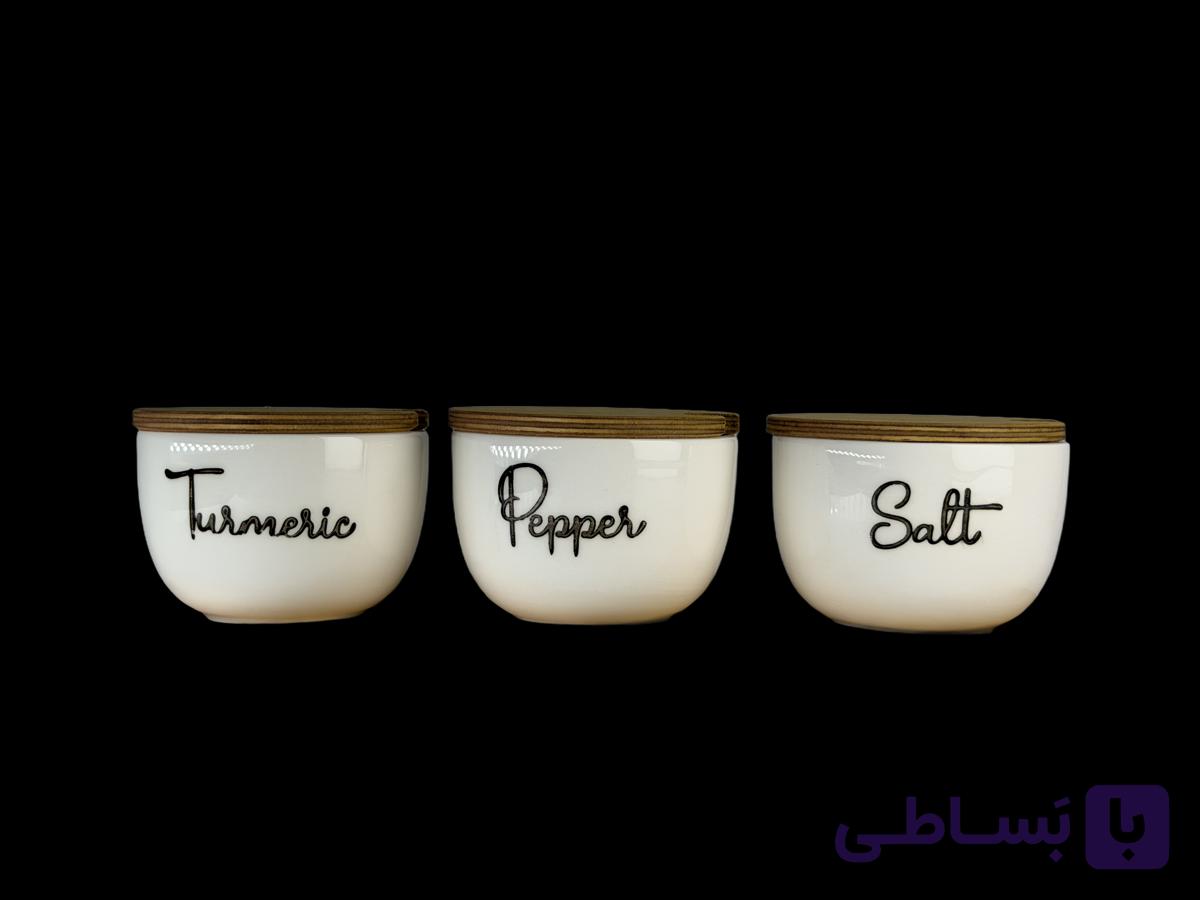 جا ادویه سه پارچه سرامیکی درب چوبی