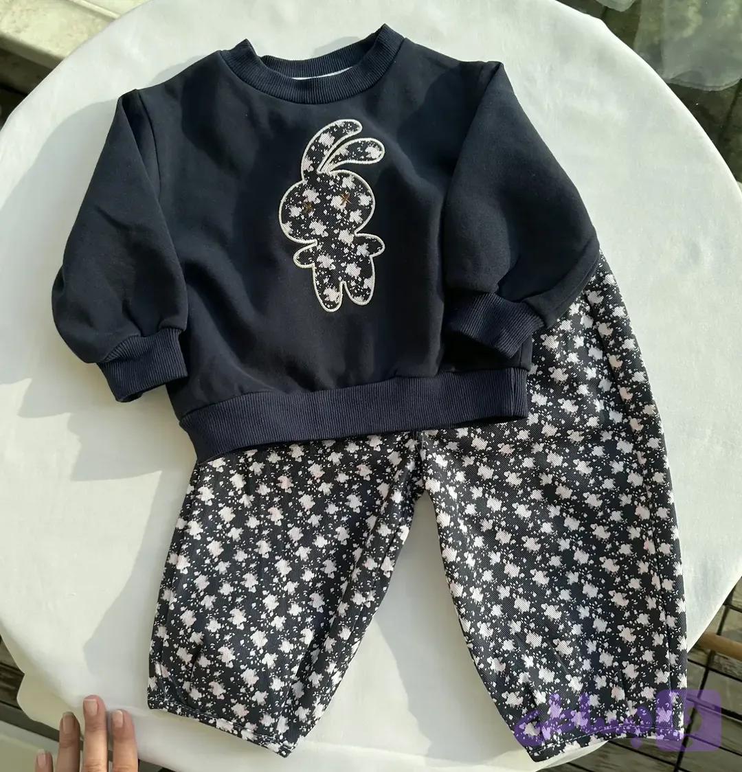 ست بلوز و شلوار بچگانه طرح خرگوشی سورمه‌ای
